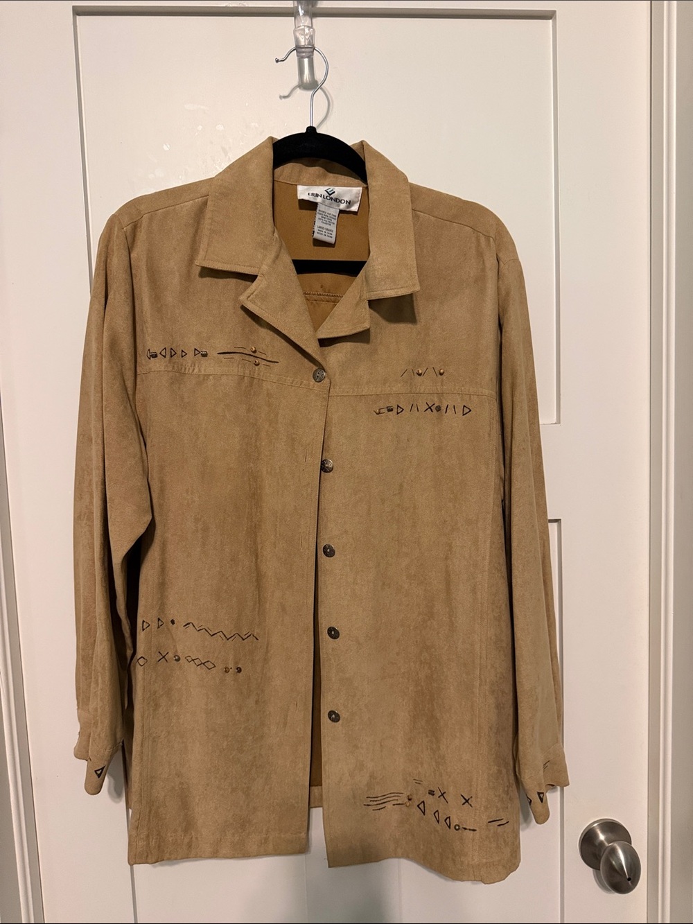erin london Tan Faux Suede Button-Front Shirt Jacket with Subtle Embroidery